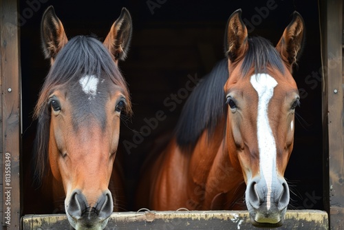 Beautiful horses with flowing manes framed by the openings of their stable doors