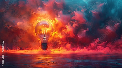 Stunning Visual Representation of Creative Thinking and Innovation With a Glowing Lightbulb in a Colorful, Dynamic Environment photo
