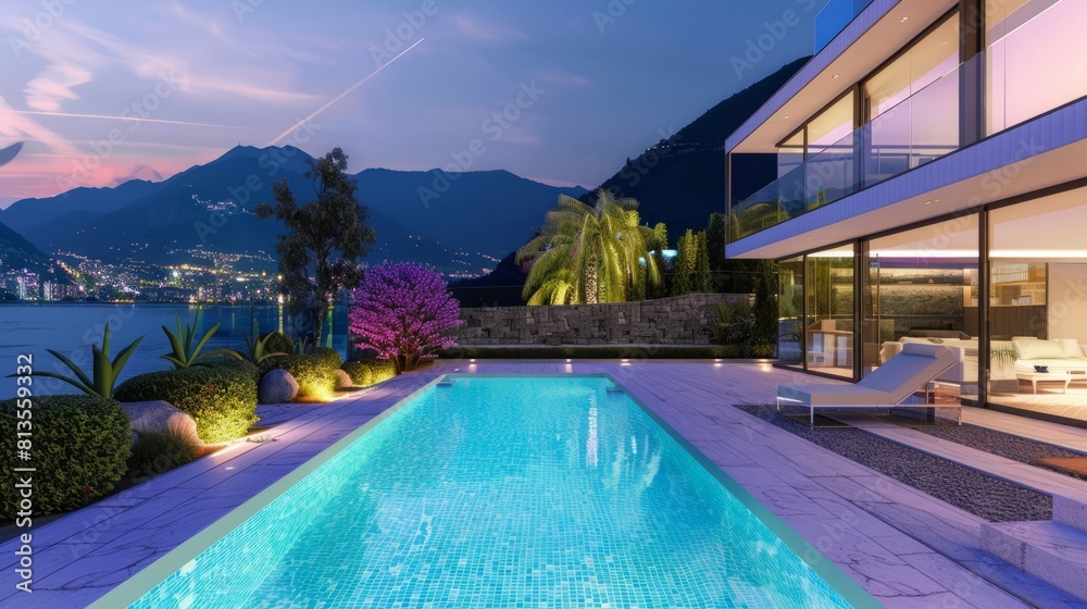 Fototapeta premium Illuminated Modern Luxury Swimming Pool and Landscaping with Mountain View