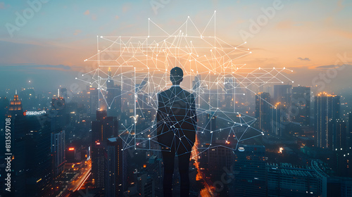 Against a modern city skyline, a businessman is depicted with a graphic overlay illustrating a complex global network, showcasing the interconnectedness of business operations on a global scale. © Thitiphan