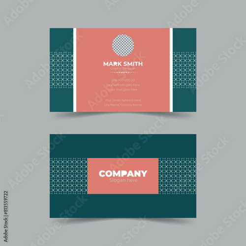 Modern and simple business card design with green and light red colour with white pattern