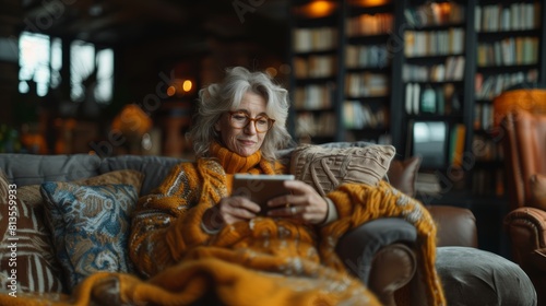 Elderly Woman in Cozy Home Setting Using Digital Tablet Comfortably