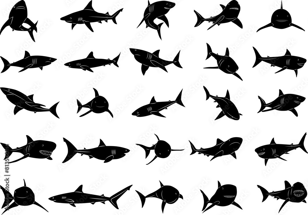 shark set silhouette on white background vector shark set silhouette on white background vector