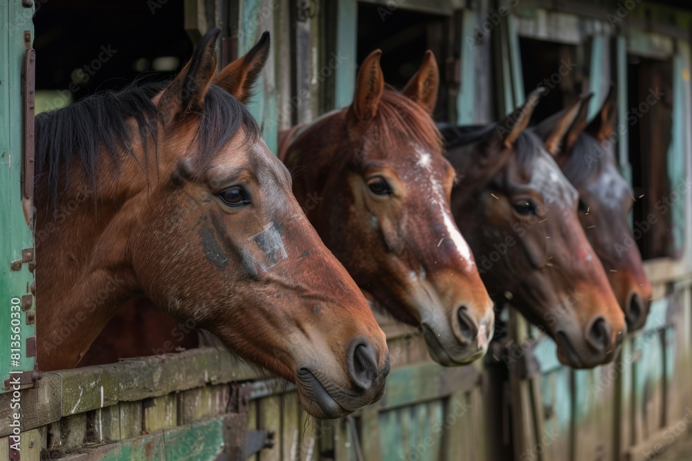 Fototapeta premium Horses gazing out from their stalls at the sight of approaching visitors, displaying curiosity and interest