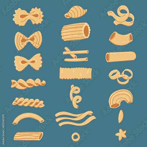 A set with various shapes of pasta. A collection of vector illustrations, suitable for the visual design of Italian cuisine. Design and culinary projects. Many types of single pasta in a row on blue