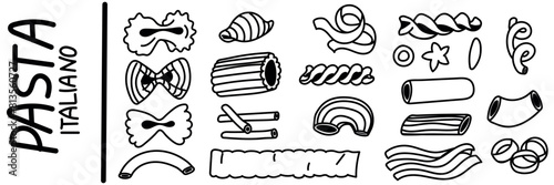 A set of contoured pasta of various shapes. A collection of vector illustrations suitable for the visual design of Italian cuisine. Design and culinary projects. Many types of pasta in a row