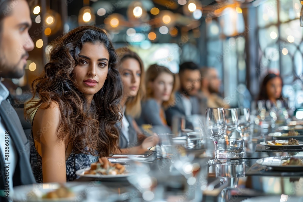 A confident businesswoman leads a meeting in a stylish, contemporary office, her team of diverse professionals listening attentively