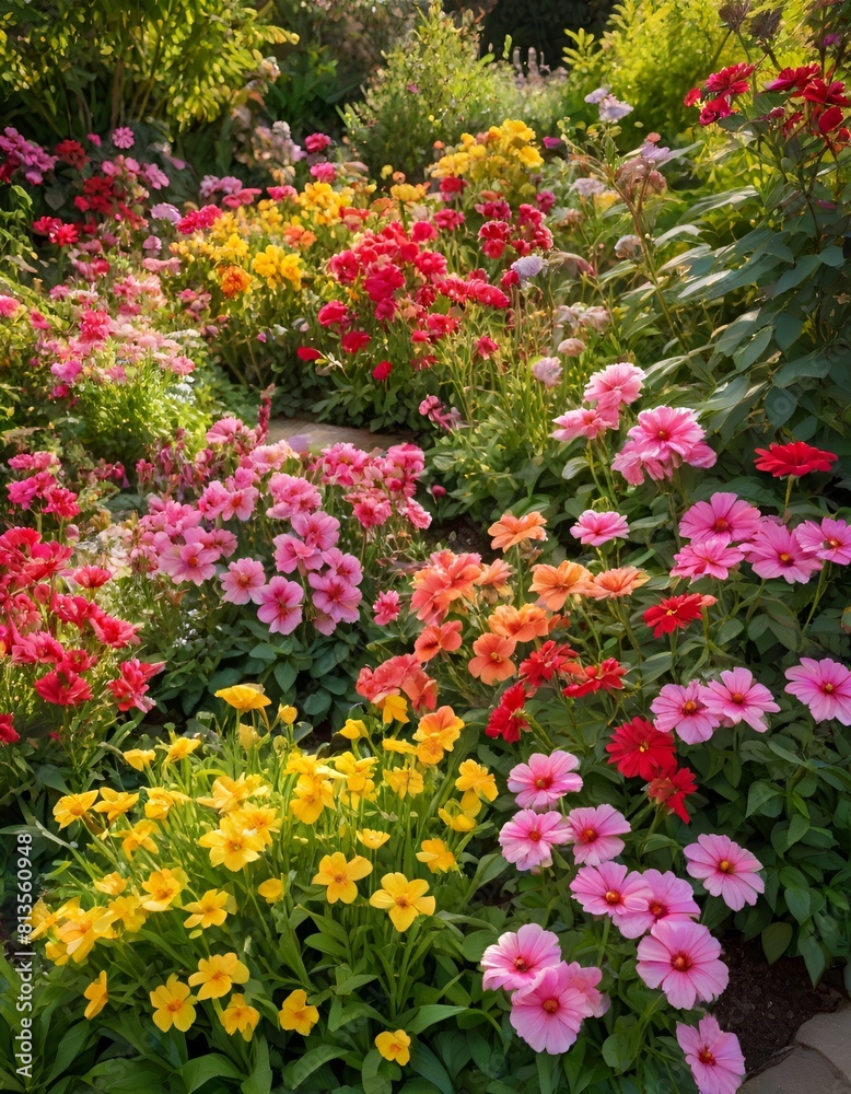 A vibrant garden blooms with red, yellow, and pink flowers Generative AI