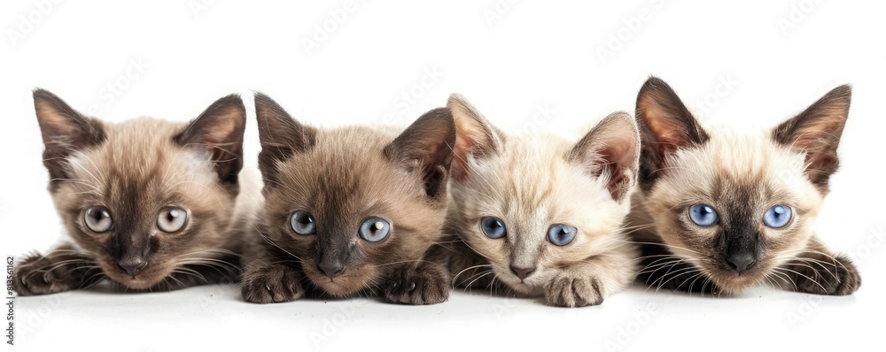 A group of Siamese kittens lying in a row on a white background, looking at the camera. A group of Siamese kittens lying in a row on a white background, looking at the camera.
