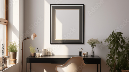 Cadre décoratif, mock up au dessus d'un bureau. Intérieur, décoration, contour bois. Mock-up, créatif. Pour conception et création graphique.