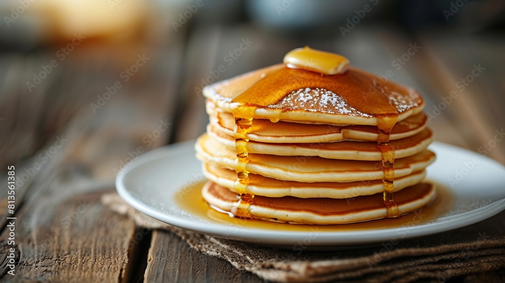 Delicious breakfast, pancakes with butter and sweet syrup. Delicious breakfast, pancakes with butter and sweet syrup.