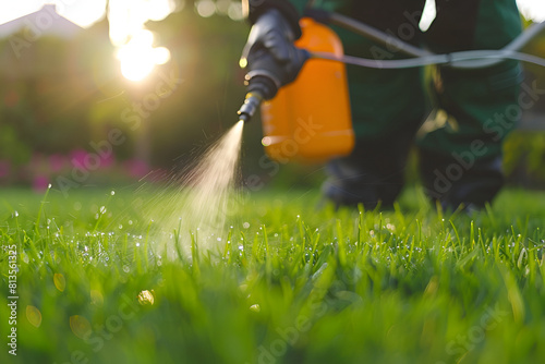 Worker spraying pesticide on a green lawn outdoors for pest control: A close-up view. Concept Pesticide Application, Pest Control, Green Lawn, Close-up Shot, Outdoors