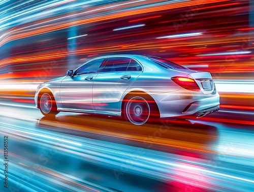 Dynamic image of a luxury sedan speeding with vibrant motion blur effect creating a sense of rapid movement. © cherezoff