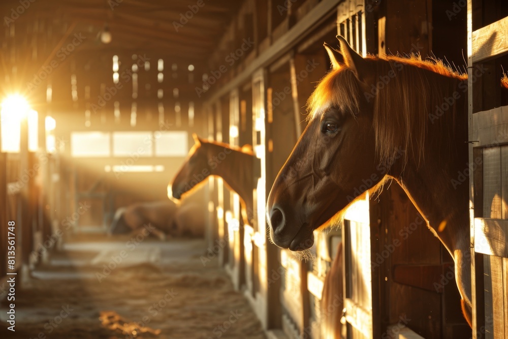 Fototapeta premium Morning sunlight streaming into a barn, illuminating horses as they gaze out of their stalls