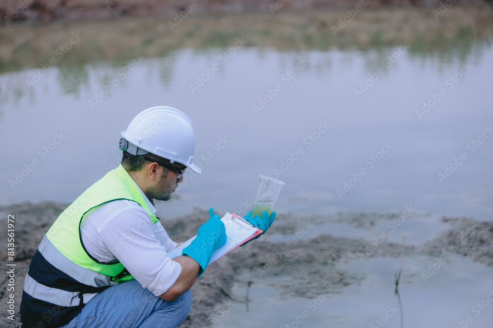 Back view of Asian man ecologist hold magnifying glass to inspect water in transparent glass from the lake. Concept, explore, analysis water quality and creature from natural source. Ecology field Back view of Asian man ecologist hold magnifying glass to inspect water in transparent glass from the lake. Concept, explore, analysis water quality and creature from natural source. Ecology field