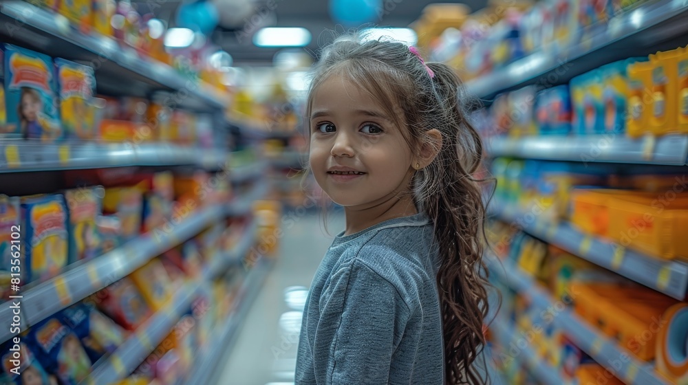 Wide shot of happy playful girl searching for something amongst toy in department store. Generative AI. Wide shot of happy playful girl searching for something amongst toy in department store. Generative AI.