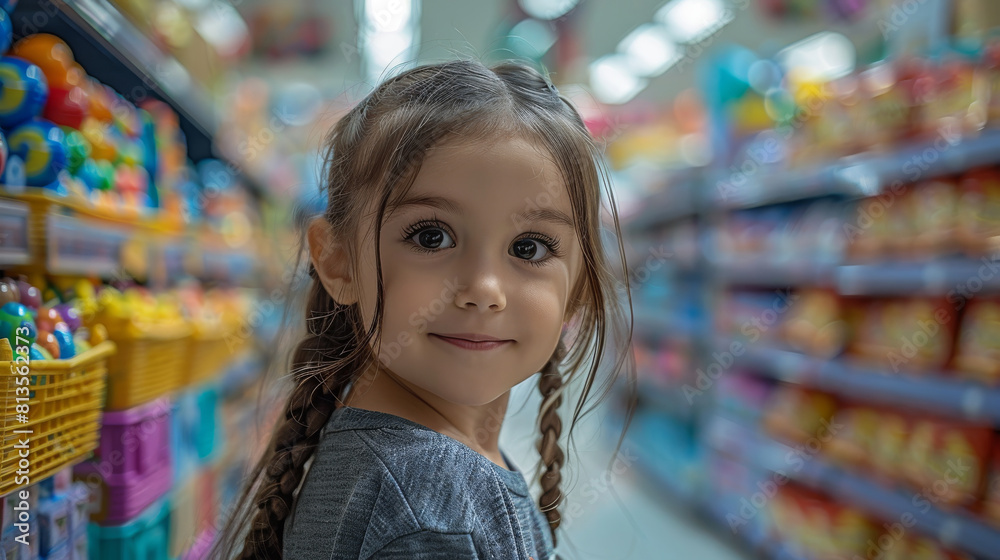 Wide shot of happy playful girl searching for something amongst toy in department store. Generative AI. Wide shot of happy playful girl searching for something amongst toy in department store. Generative AI.