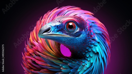 A 3D rendering of a colorful alien bird with feathers in shades of blue, green, pink, and purple. © PTC_KICKCAT