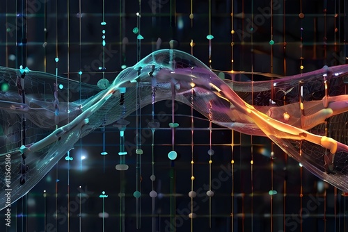 Cyber big data flow. Blockchain data fields. Network line connect stream. Concept of AI technology, digital communication, science research, 3D illustration neural cells Generative AI