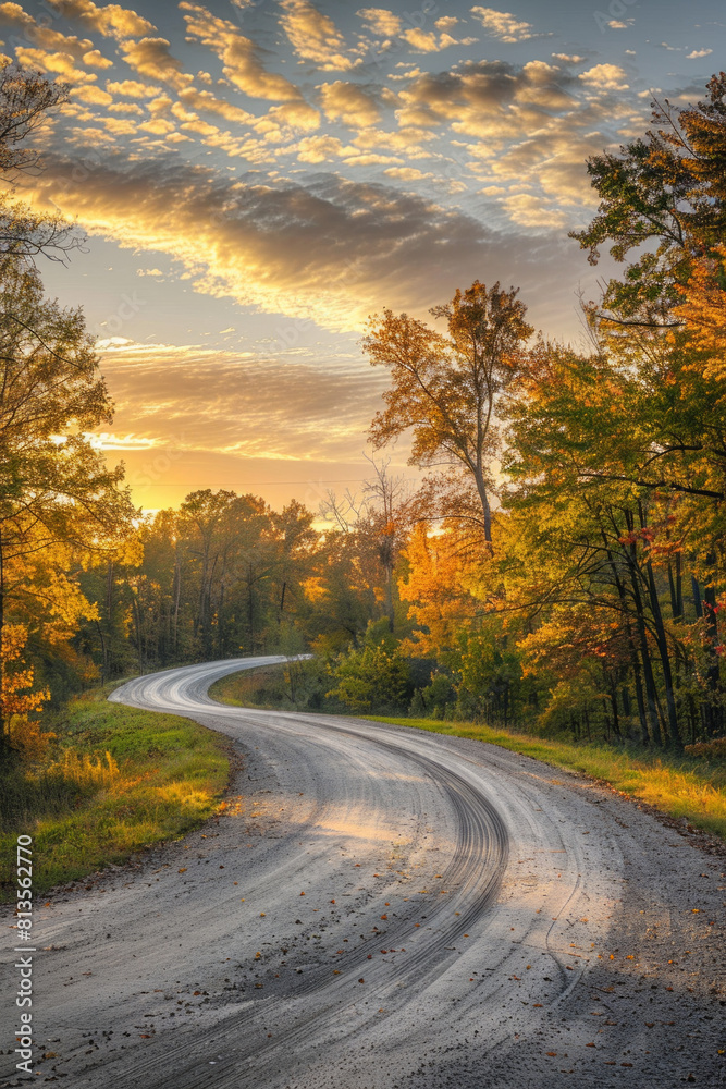 The warm glow of golden hour illuminating a winding rural road lined with trees. The minimalist composition, with just the road and colorful sky, conveys a sense of journey and adventure The warm glow of golden hour illuminating a winding rural road lined with trees. The minimalist composition, with just the road and colorful sky, conveys a sense of journey and adventure
