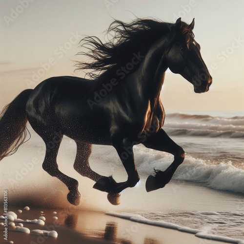 Horse on the beach at sunset