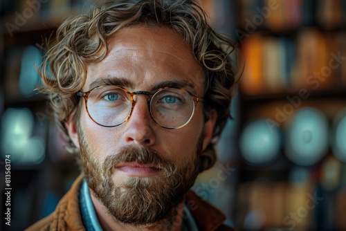 Intense portrait of a man with striking blue eyes and curly hair wearing eyeglasses photo