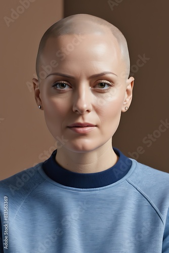 Cancer Patient With Bald Head , Cancer Survivor Woman, Close-Up Portrait of Bald Woman in Sweatshirt