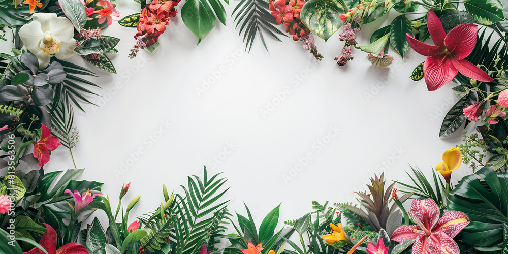 A stunning collection of tropical flowers and leaves neatly arranged to form a rectangular frame on white background A stunning collection of tropical flowers and leaves neatly arranged to form a rectangular frame on white background