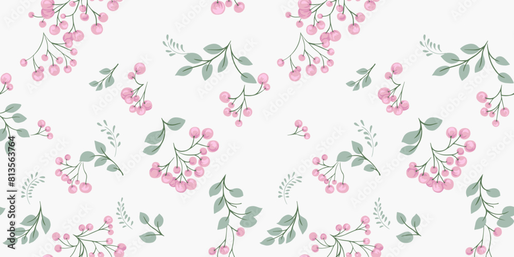 Pastel seamless pattern with artistic abstract branches of shapes berries with leaves. Vector drawn hand. Creative juniper, boxwood, viburnum, holly, barberry print. Template for design