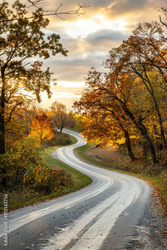 The warm glow of golden hour illuminating a winding rural road lined with trees. The minimalist composition  with just the road and colorful sky  conveys a sense of journey and adventure