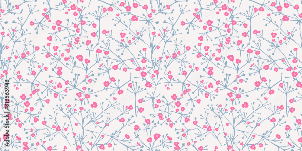Vector hand drawn sketch small flowers with branches intertwined in a seamless pattern on a light background. Cute tiny floral stems printing. Template for designs, textile, surface design, fabric
