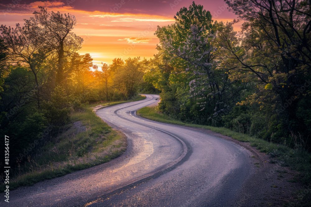 The warm glow of golden hour illuminating a winding rural road lined with trees. The minimalist composition, with just the road and colorful sky, conveys a sense of journey and adventure The warm glow of golden hour illuminating a winding rural road lined with trees. The minimalist composition, with just the road and colorful sky, conveys a sense of journey and adventure