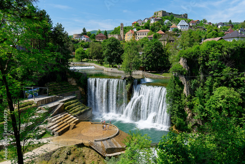 Pliva Waterfall in Jajce, Bosnia and Herzegovina. Holidays and travel. Water. Vibrant colors. Scenic place and viewpoint. Historical town. Tourist destination.  photo