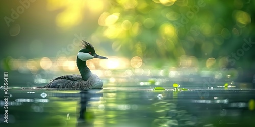 A solitary great crested grebe floats on a lake surrounded by foliage in the soft morning light against green background photo