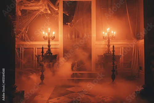 A classic haunted mansion foyer with an orange 3D podium cobwebs, antique candelabras, and a ghostly butler silhouette form a chilling backdrop for product staging