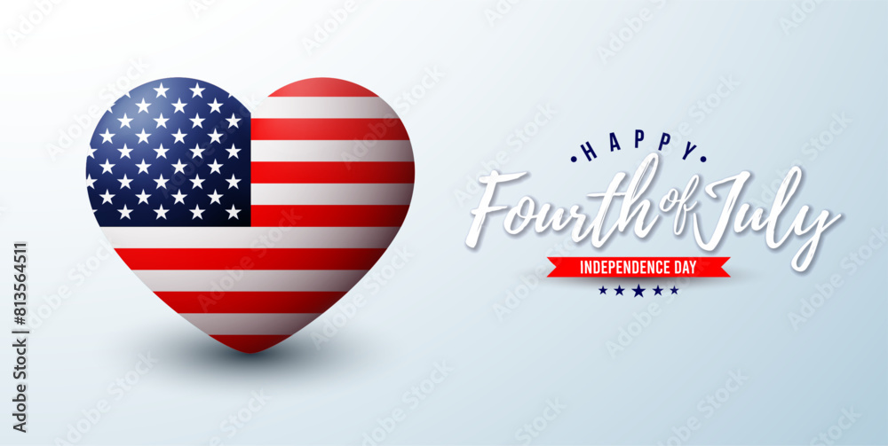 4th of July Independence Day of the USA Vector Illustration with American Flag in Heart. Fourth of July National Celebration Design with Typography Letter on Light Background for Banner, Greeting Card 4th of July Independence Day of the USA Vector Illustration with American Flag in Heart. Fourth of July National Celebration Design with Typography Letter on Light Background for Banner, Greeting Card