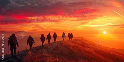 People walking beautiful sunset on mountain
