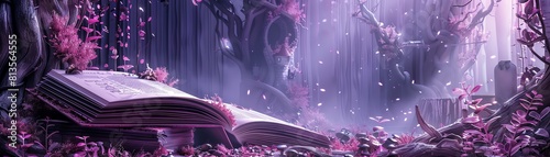 Wallpaper Mural A haunted fairytale book scene on a pink and purple background, with a 3D podium nestled among giant storybook pages and whimsical vines, perfect for showcasing themed merchandise Torontodigital.ca