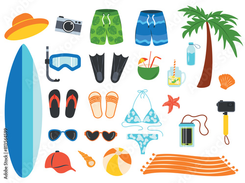 Big set for a summer beach holiday for recreation at sea, ocean, river, lake.