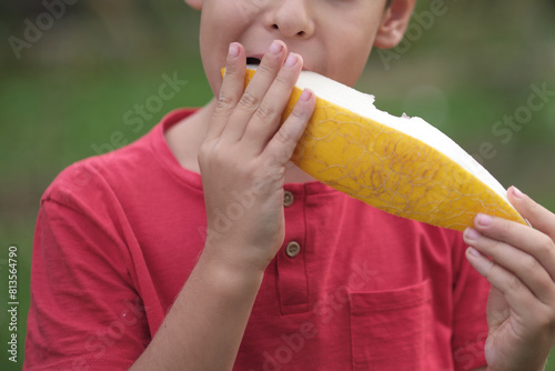 A close-up of a boy as he enjoys a fresh melon slice, highlighting the natural sweetness and the joy of eating healthy. Perfect for promoting nutritious snacks.
