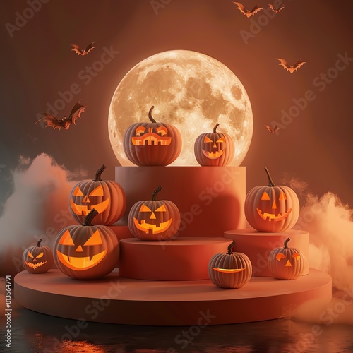 A vibrant Halloweenthemed background featuring a 3D podium mockup eerie jackolanterns in various sizes sit atop and around an orangecolored podium photo