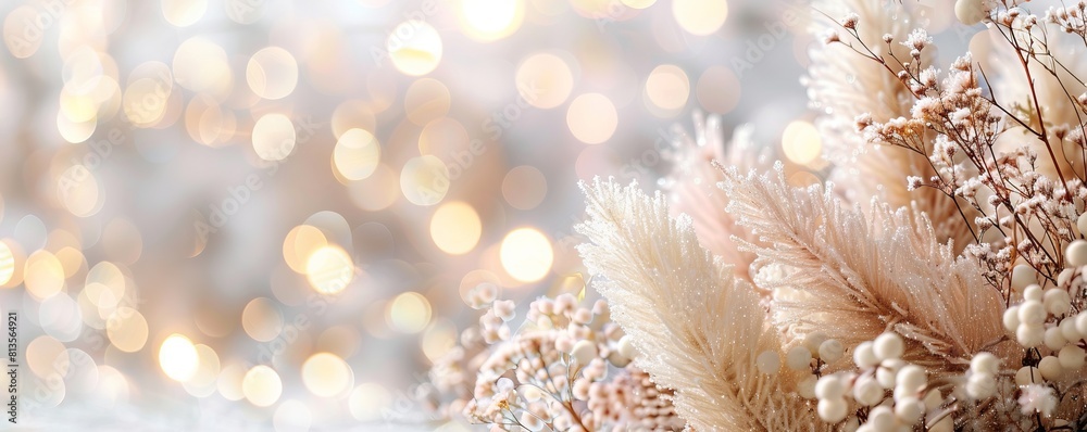 Seasonal Decorations with Pampas Grass. Elegant Pastel Pink and Gold Christmas Background. Seasonal Decorations with Pampas Grass. Elegant Pastel Pink and Gold Christmas Background.