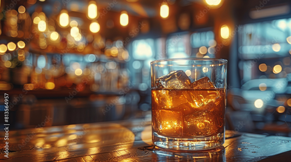 Bar, bulb lights decoration, cup of ice whiskey on table. Generative AI. Bar, bulb lights decoration, cup of ice whiskey on table. Generative AI.