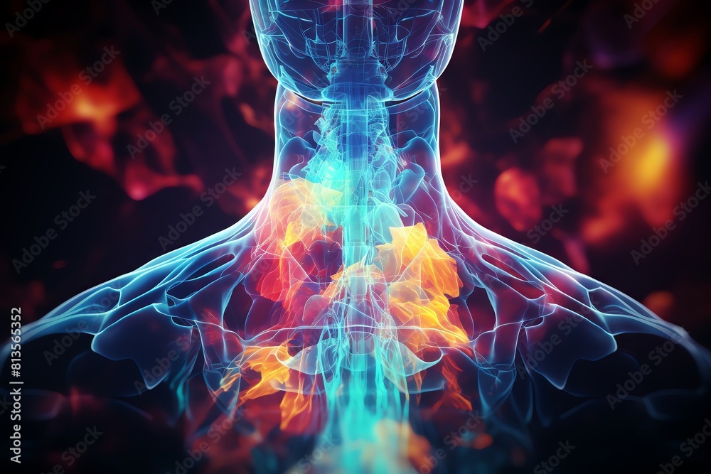 The image is an illustration of the human body with a glowing blue ...
