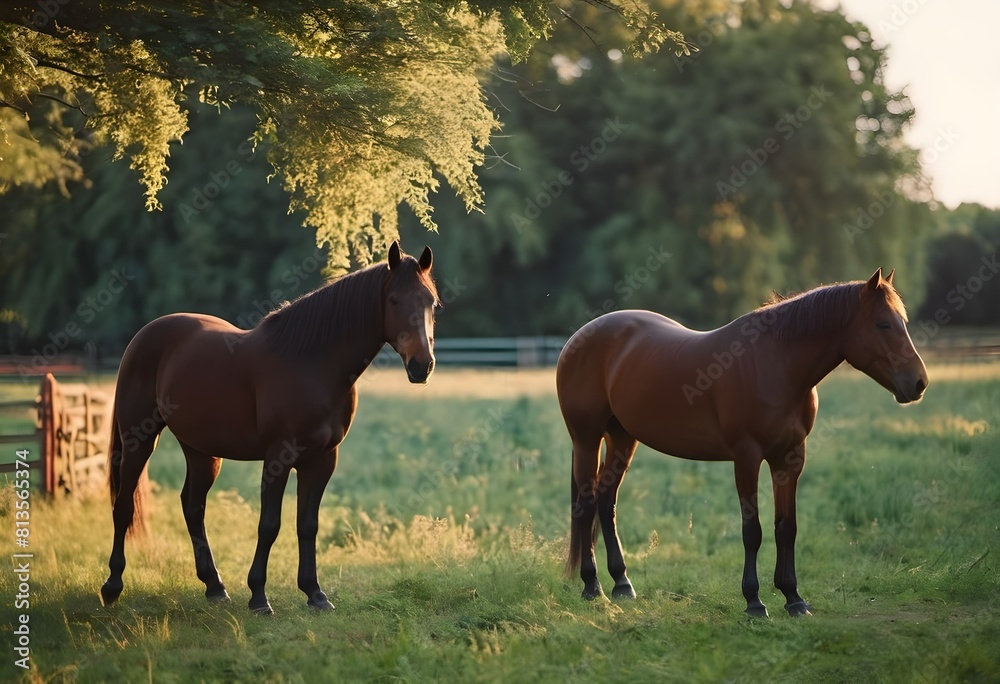Rural Charm: Country Landscape with Horses at Golden Hour on the Farm Rural Charm: Country Landscape with Horses at Golden Hour on the Farm