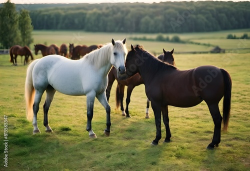 Golden Sunset Glow: Horses Roaming in the Country Summer Landscape