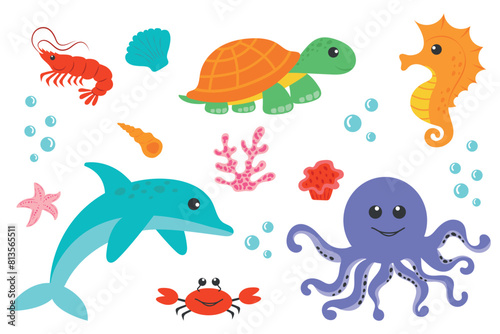 Hand drawn cartoon set of sea creatures. Vector illustration of cute octopus  turtle  shrimp