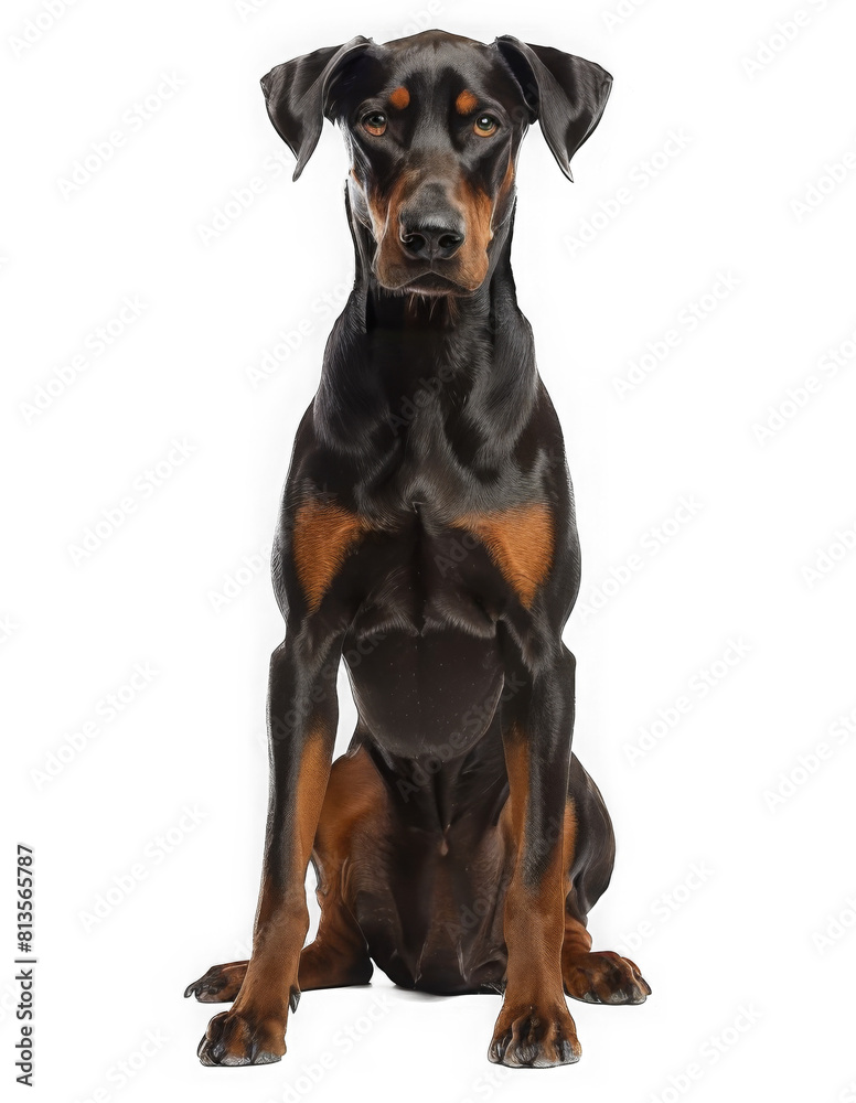 Doberman sitting. black dog breed.