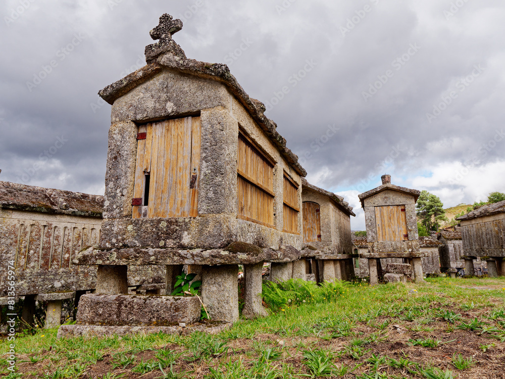 Granaries of Soajo or Espigueiros de Soajo in Portugal. These narrow stone granaries have been used to store and dry out grain for hundreds of years.