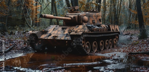 A brown german tank from world war two is hidden in the woods.